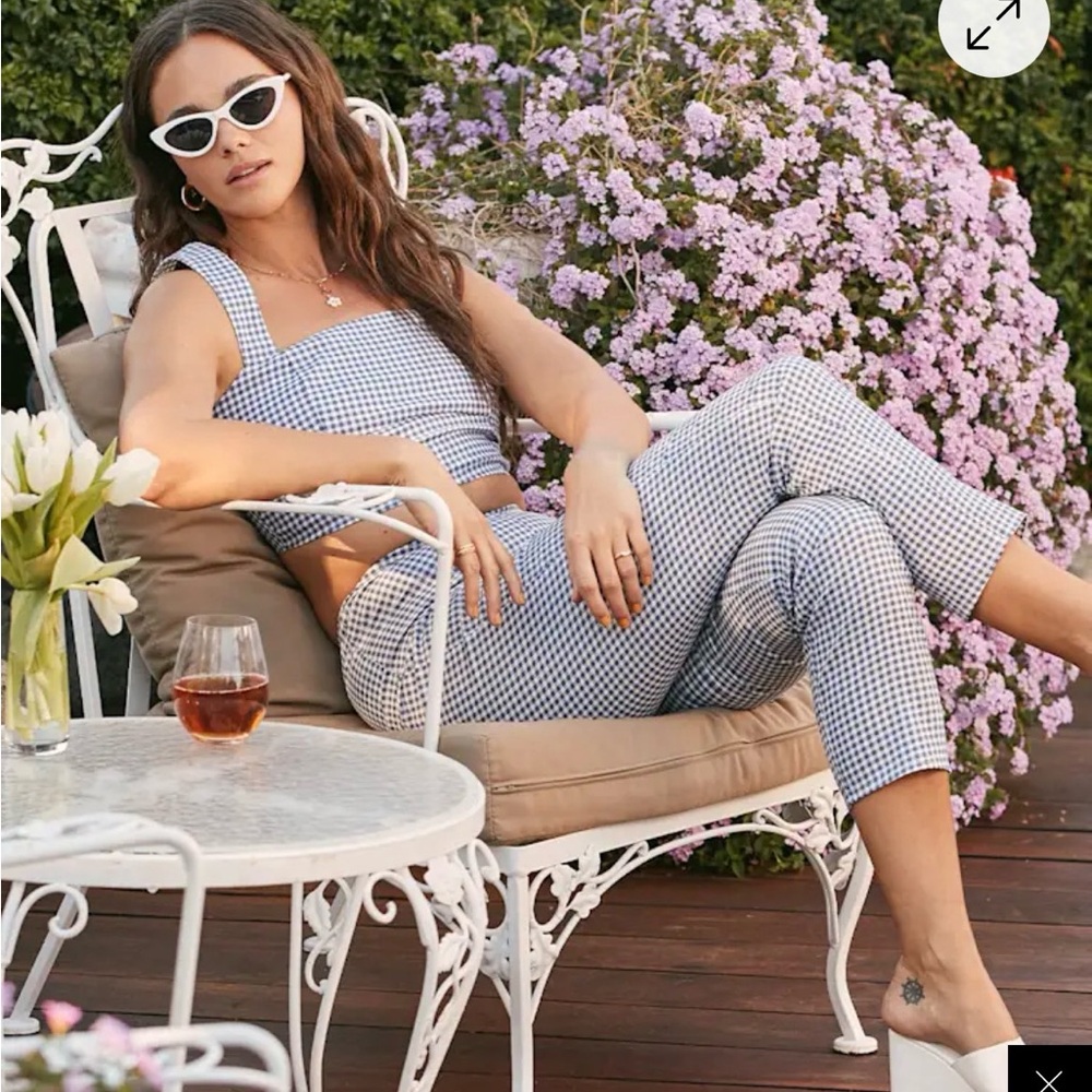 Lulu’s Gingham Crop Top & High-Waist Pants Set - Blue/White